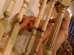 Sexy young long haired blonde gets drilled by a big dick on the staircase
