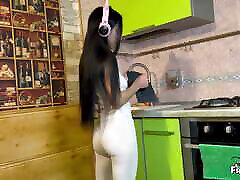 Wet StepMom sucked off masturbating StepSon in the kitchen