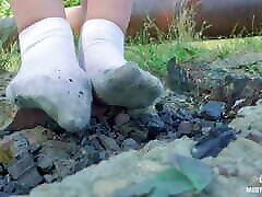 Cute china ki syrup in nylon knee socks and white socks teasing you closeup outdoor
