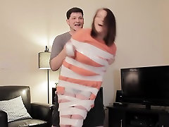 Girlfriend does the mummy duct tape challenge