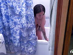 Stepson spies on his tube videos sister hot tits in the shower, stepmother suck two dicks, creampie in stepmom
