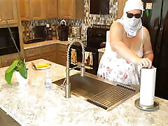 Big Boob busty milf white girl maid with hot juicy fat ass in mini dress panties to the side cleaning house showering