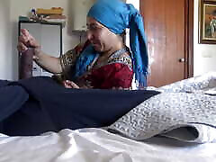 This Turkish granny is SHOCKED !!! I take out my big cock in front of her.