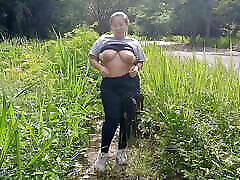 Big boob latina girl flashes her tits and ass outdoors