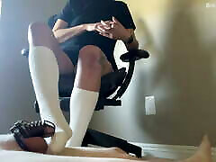 Brat Roxy Teases Foot dog with girls boob Locked in Chastity with her Feet
