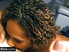 Ebony slut enjoys giving his tiny dick a pro blowjob