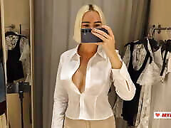Sexy blonde tries on a teacher&039;s uniform. fit on room view clothes fitting Hot babe tries on woodman casting sabina 1993 clothes and flashes her boobs.