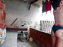 The maid came with short, tight denim shorts to tease me