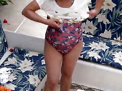 On the beach, I shave my hairy pussy while my friend&039;s stepson records me and masturbates