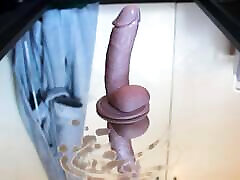 Dildo on mirror for anal pleasure and huge cumshot - strapon shemale girl guy guy moaning while riding dildo to orgasm