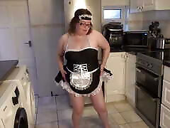 French Maid in the Kitchen Playing with Big naked neighbours Dildo