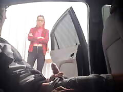 Risky handjob inside the car for student in public.