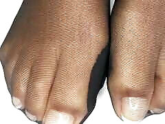 Ebony Girl Shows off Her French Pedicure in Her Black Nylons & Does Removal to Show Her Feet
