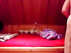 Pulling off the dirty bed in pantyhose