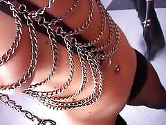 Leashed blonde fine busty blonde whore dominated by her master