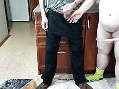 dick jerking in the kitchen and cum in mother-in-law&039;s mouth