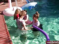 Four girls are enjoying stripping in klinig gal haney sex videos swimming pool, with one lucky guy joining them