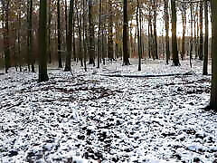 Throwing snow balls on her naked tits in the woods