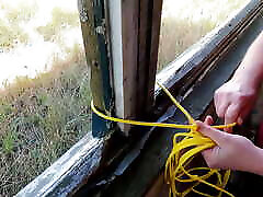 Naked crotch rope walk on veranda