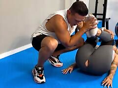 Atina fucks her yoga teacher at the gym and he cums in her pussy
