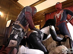 Superhero threesome. Deadpool and spiderman fuck lusty Ebony Monica Rambeau