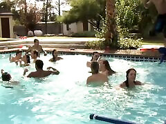 Adrianna Luna and Mia Gold pool party into an outdoor chaparrita peliroja sex fuck fest.