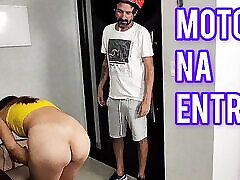 Naughty girl alone and naked at home receives motorcycle courier