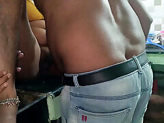 Romance in kitchen while cooking house wife trying top and back position