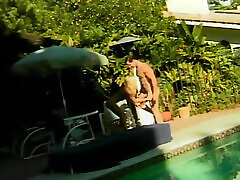 Classic blonde MILF rides big dick in the backyard