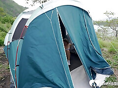 Super Wild Brunette at Camping Sucks My Big Cock in the Tent