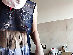 Hairy Brunette Pussy, Big Tits, Sensual Hairy Woman in Kitchen.