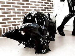 Rubber puppy is connected to a thick leash for a friendly walk