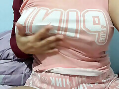 Dirty stepdaughter calls her stepdad who is with her stepmother in the room and shows him her big tits so he can come fuck her.
