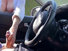 Sexy Busty MILF Helps a Stranger Cum, Milking His Dick Through the Car Window