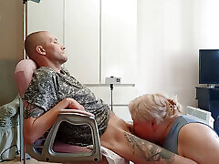 wife watches mother-in-law doing deep blowjob and swallowing cum