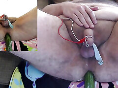 Estim on, cucumber in my ass, leaking precum like crazy. All in all a good day.