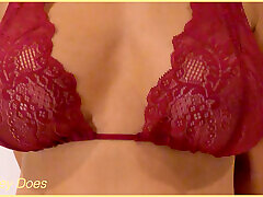 Wifey wears sexy red lingerie with her perfect tits.