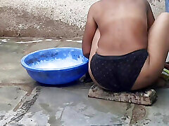 My relative&039;s housewife is taking bath in the open bathroom wearing black underwear at my house