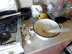 Sexy mom prepares breakfast, hairy pussy, big tits.