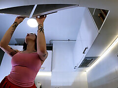 Hottest redhead tattooed cheerleader with over knee janet all xxx shows her see through panties in the kitchen