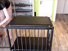 Slave fucked on steel cage and humiliated