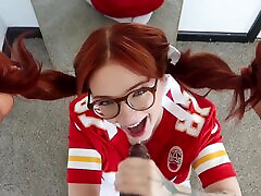 Cute nerdy redhead sucks a giant black cock and swallows it all the way to the base