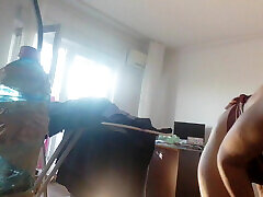 Amateur wife doing housework naked. Sexy and naughty wife trying on the clothes she cuts.
