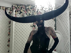 Horned Latex Mask and gay bigoton Striptease