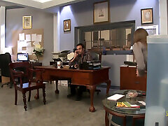 Busty secretary fucking with her boss after giving him a blowjob