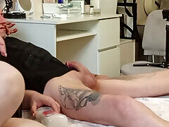 Stepmom hands off my hard cock before cumshot