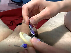 She jerks me off with a condom and I cum inside