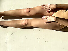 morning yoga in very short shorts
