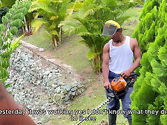 Ebony MILF Carla Morelli seduces her boy and yoyng gardener Rioc for a raw outdoor fuck at the mansion