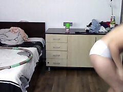 Sexy wife trains naked at home. bekie lynch brunette tries on stockings, hairy pussy, big ass, big tits.